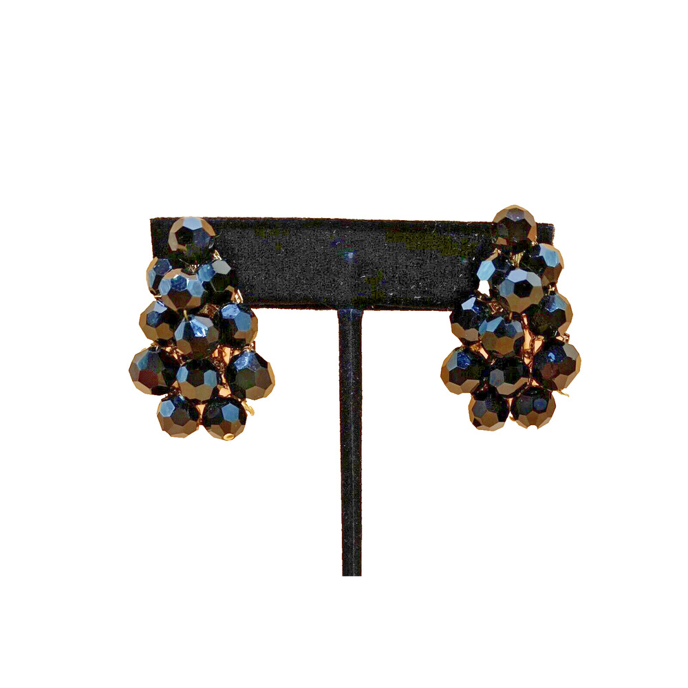 Vintage MCM Designer Faceted Black Rhinestone Cluster Pierced Earrings Wingback